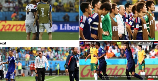 아시아 4개국은 2014 브라질 월드컵에서 3무 9패라는 아쉬운 성적표를 받아들었다. 왼쪽 위부터 한국의 손흥민(왼쪽)과 홍명보 감독, 일본 대표팀, 호주 대표팀, 이란의 카를로스 케이로스 감독(가운데). / 대한축구협회 제공, 국제축구연맹 홈페이지