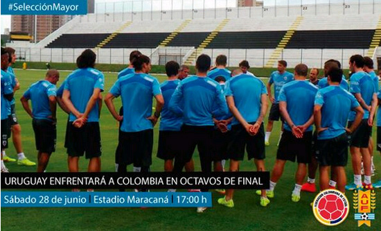 우루과이가 2014 브라질 월드컵 16강에서 강적 콜롬비아를 상대한다. 우루과이는 핵심 공격수 루이스 수아레스의 공백과 주전 공격수들의 부진으로 답답한 상황에 처했다. / 우루과이축구협회 캡처