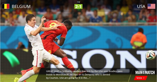 벨기에가 2일 열린 16강전에서 연장까지 가는 접전 끝에 2-1로 미국을 제압하며 8강 진출을 확정했다. / 국제축구연맹 홈페이지