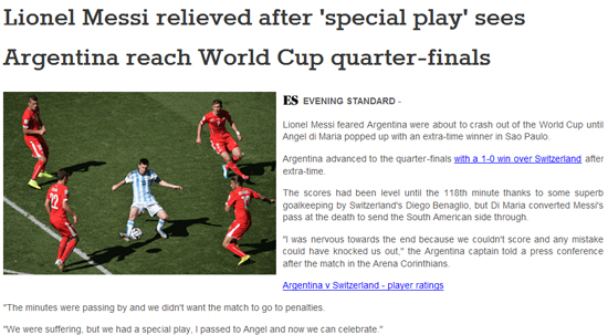 메시가 스위스와 16강전에서 결승골을 도우며 날아올랐다. 스포츠 리퍼블릭은 메시가 스위스 수비수들에게 집중 마크 당하는 사진과 함께 아르헨티나의 승리 주역으로 메시를 꼽았다. /스포츠 리퍼블릭 캡처