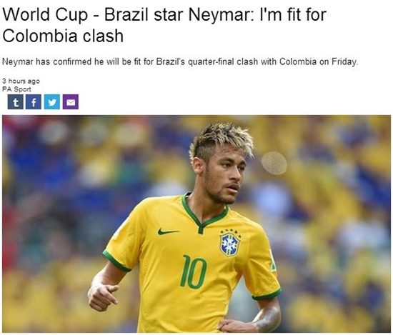 유럽 언론 유로스포트는 3일 브라질 축구대표팀 공격수 네이마르 다 실바가 8강 콜롬비아전에 출전할 수 있다고 보도했다. / 유로스포트 캡처