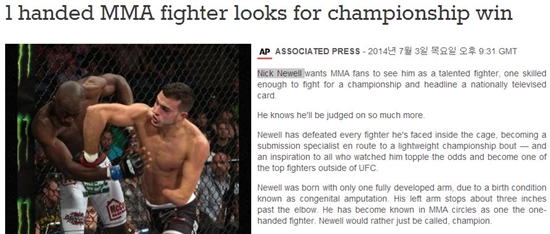 한 손 파이터 닉 뉴웰이 4일 미국 언론 AP통신과 인터뷰에서 외팔이 인생으로서 살아가는 각오를 밝혔다. / AP통신 캡처