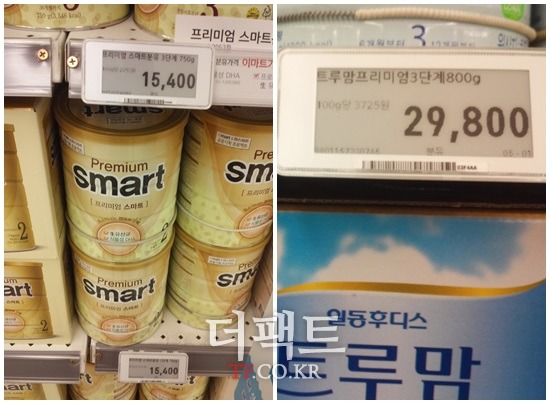 이마트의 프리미엄 스마트 분유(왼쪽)는 한 통에 1만5400원에 판매되고 있다. 같은 레벨인 일동후디스의 트루맘 프리미엄보다 훨씬 쌌다.