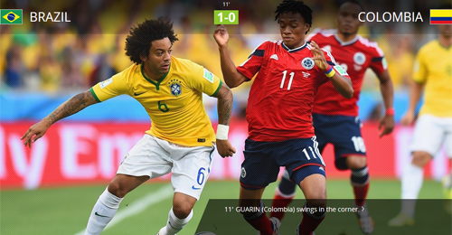 마르셀루(왼쪽)가 5일 오전 열리고 있는 콜롬비아와 8강전에서 후안 콰드다도와 공을 다투고 있다. / 국제축구연맹 홈페이지
