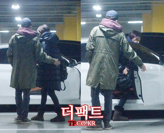 배우 정경호(왼쪽)가 걸그룹 소녀시대 멤버 수영을 정성스럽게 배웅하고 있다. / 문병희 기자