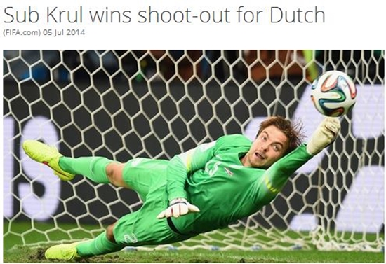 팀 크룰이 6일 열린 8강전 코스타리카와 경기에서 승부차기에 투입돼 선방쇼를 펼치고 있다. / 국제축구연맹 홈페이지 캡처