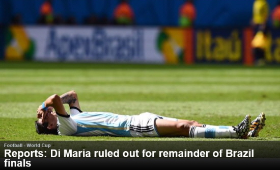 6일 벨기에와 8강전에서 부상을 당해 전반 교체된 앙헬 디 마리아가 남은 월드컵 경기에도 나서지 못할 전망이다. / 유로스포트 캡처