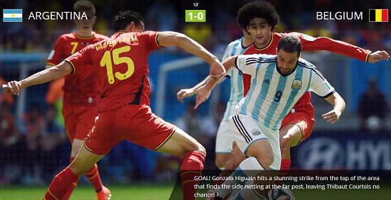 아르헨티나 곤살로 이과인(오른쪽)이 6일 열린 2014 브라질 월드컵 벨기에와 8강에서 결승골을 터뜨렸다. / 국제축구연맹 홈페이지 캡처