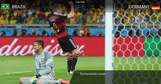 독일은 9일 벨루오리존치 에스타디우 미네이랑에서 열린 2014 브라질 월드컵 4강전 브라질과 경기에서 토마스 뮐러-미로슬라프 클로제-토니 크로스-사미 케디라-안드레 쉬얼레의 연속골에 힘입어 7-1로 이겼다. / 국제축구연맹 홈페이지 캡처