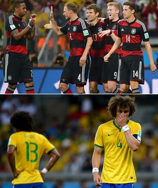 독일이 9일 2014 브라질 월드컵 4강 브라질과 경기에서 7-1로 승리했다. 기뻐하는 독일 선수들(위)과 실망한 표정을 짓고 있는 브라질 선수들. / 국제축구연맹 홈페이지