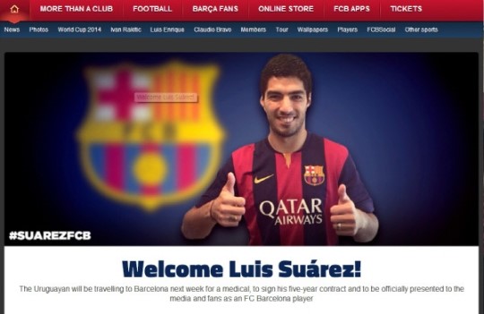 바르셀로나가 홈페이지에 루이스 수아레스를 영입했다고 11일 밝혔다. / 바르셀로나 홈페이지 캡처