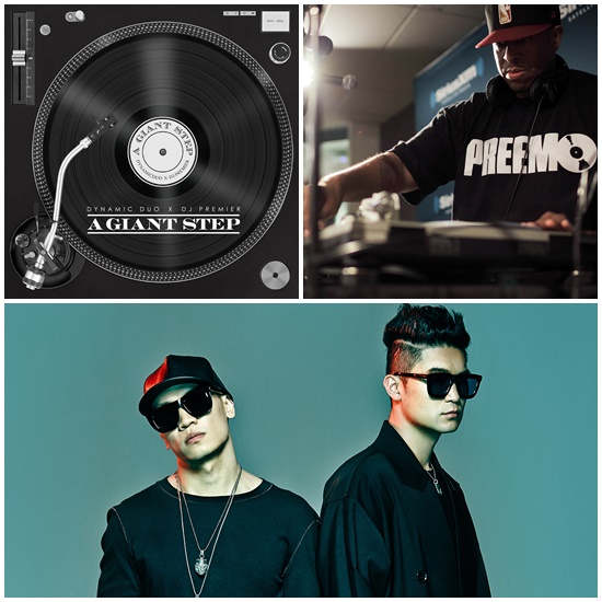 다이나믹듀오(아래)와 DJ 프리미어(오른쪽 위)가 16일 첫 번째로 함께 작업한 콜라보 앨범을 발매한다. /아메바컬쳐 제공