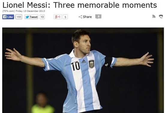 리오넬 메시가 지난달 26일 열린 브라질 월드컵 조별리그 F조 3차전 나이지리아와 경기에 출장해 감각적인 프리킥 골로 팀 승리에 이바지했다. / 국제축구연맹 홈페이지 캡처