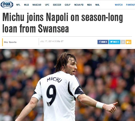 미구엘 미추가 스완지 시티를 떠나 임대로 나폴리 유니폼을 입는다고 18일 미국 스포츠매체 폭스 스포츠가 보도했다. / 폭스 스포츠 캡처