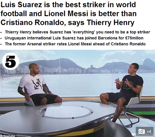 티에리 앙리(왼쪽)가 20일 공개된 인터뷰에서 루이스 수아레스와 리오넬 메시를 크게 칭찬했다. / 데일리메일 홈페이지 캡처