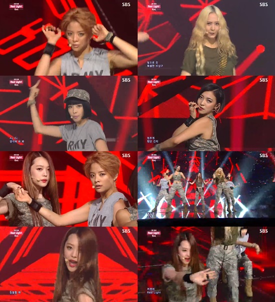 걸그룹 에프엑스가 신곡 레드 라이트 무대를 꾸미고 있다. / SBS 인기가요 방송 캡처