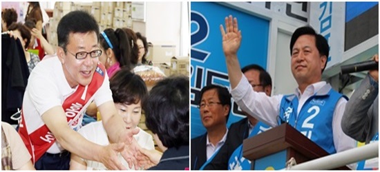 7·30 김포 보궐선거에 출마한 홍(왼쪽) 후보는 토박이 지역 일꾼을 강조하고 있고, 김 후보는 지사 출신의 노련함을 내세우고 있다./ 홍철호·김두관 블로그