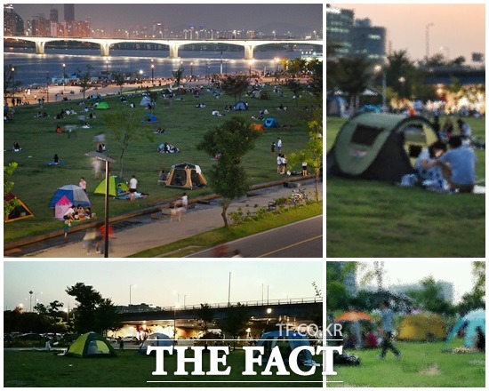 여의도 한강공원 곳곳은 야영장을 방불케 할 정도로 많은 텐트들이 곳곳에 설치돼 있었다.