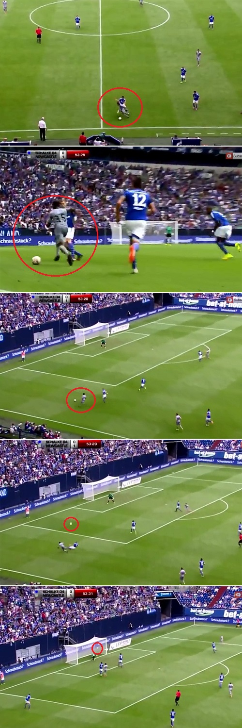 뉴캐슬 미드필더 롤란드 아론스가 4일 열린 샬케 04전에서 후반 7분 추가 골을 터뜨리고 있다. / 유튜브 영상 캡처