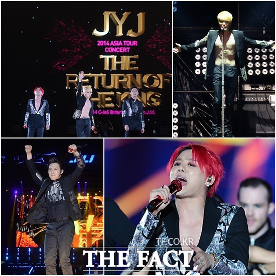 JYJ가 9일 콘서트를 열고 3만 명 팬들과 열정적인 무대를 꾸미고 있다. /문병희 기자