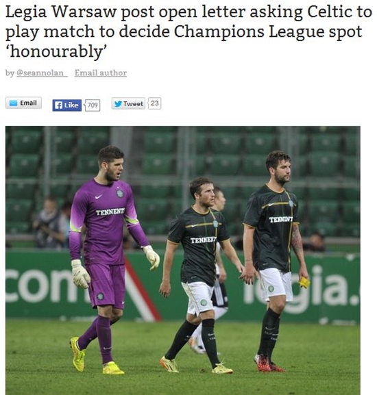 아일랜드의 한 언론이 11일 폴란드 클럽 레기아 바르샤바가 셀틱에 패한 뒤 상대 팀 경기력을 높이 평가했다고 보도했다. / 아일랜드 언론 캡처