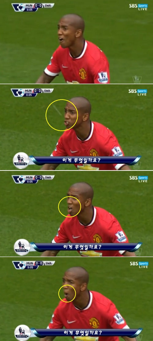 16일 잉글랜드 그레이터맨체스터주 올드 트래포드에서 열린 2014~2015시즌 잉글리시 프리미어리그 맨체스터 유나이티드와 스완지 시티의 개막전에서 애슐리 영 입안으로 새똥으로 의심되는 물체가  들어가고 있다. / SBS 스포츠 방송 캡처