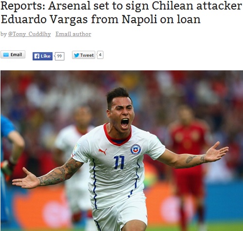 아일랜드의 한 언론은 아르센 뱅거 아스널 감독이 공격력 강화를 위해 칠레 공격수 에두아르도 바르가스 영입에 눈독을 들이고 있다고 18일 보도했다. / 아일랜드 언론 캡처