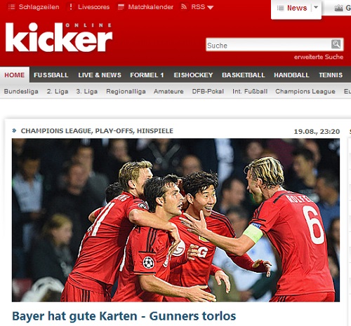 손흥민이 20일 2014~2015시즌 유럽축구연맹 챔피언스리그 플레이오프 1차전 FC 코펜하겐과 경기에서 결승골을 넣은 뒤 독일 언론 키커 홈페이지 메인을 장식했다. / 키커 홈페이지 캡처