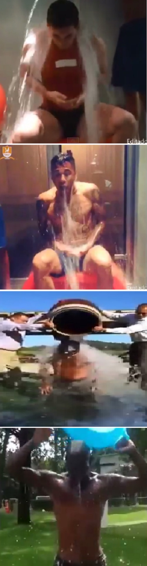 리오넬 메시, 다니엘 알베스, 데이비드 베컴, 마리오 발로텔리(위쪽부터)가 얼음물 세례를 받고 있다. / 유튜브 영상 캡처