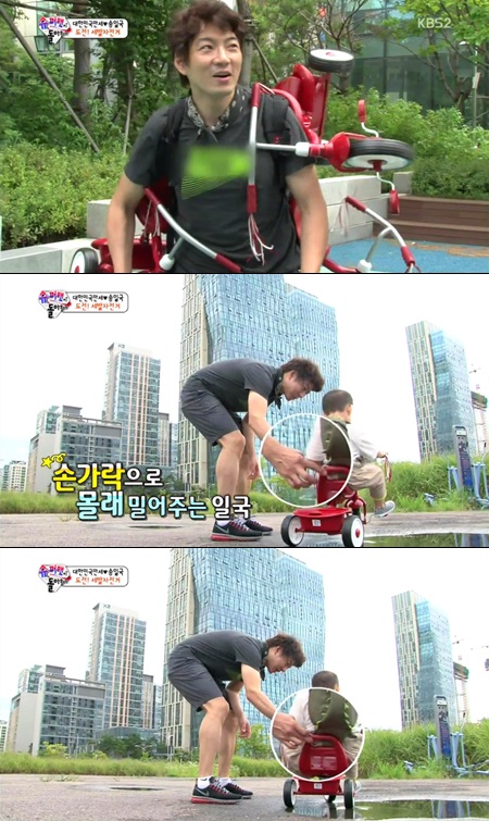 송일국이 세 쌍둥이에게 자전거 타는 법을 가르치기 위해 애썼다. / KBS2 해피선데이-슈퍼맨이 돌아왔다 방송 캡처