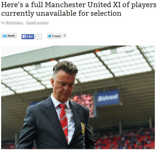 아일랜드의 한 언론이 29일 판 할 감독이 당장 투입할 수 없는 선수들이 있다며 11명의 선수 명단을 공개했다고 보도했다. / 아일랜드 언론 캡처