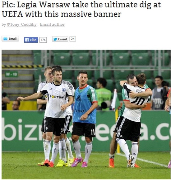아일랜드의 한 언론이 29일 레기아가 2014~2015시즌 유럽축구연맹(UEFA) 유로파리그 FC 악퇴베전에서 국제축구연맹(FIFA)에 항의하는 의미의 배너를 펼쳤다고 보도했다. / 아일랜드 언론 캡처