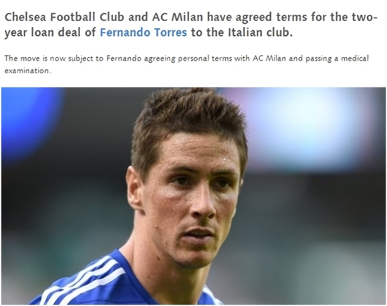 첼시가 29일 페르난도 토레스를 AC 밀란으로 임대한다고 밝혔다. / 첼시 홈페이지 캡처