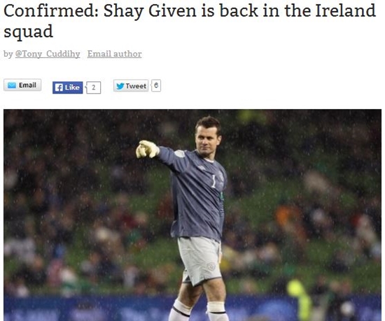 아일랜드의 한 언론은 31일 셰이 기븐이 마틴 오닐 아일랜드 감독의 요청으로 국가대표팀 수문장으로 복귀한다고 보도했다. / 아일랜드 언론 캡처