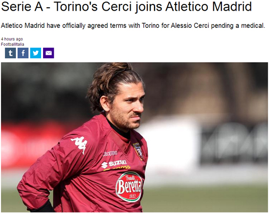 이탈리아 세리에A 토리노 FC의 미드필더 알레시오 체르치가 스페인 프리메라리가 아틀레티코 마드리드로 이적을 확정했다. / 유로스포트 캡처