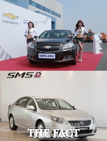 한국지엠과 르노삼성의 지난달 내수판매량이 여름휴가로 인한 영업일수 감소와 부분파업 등의 여파로 전년 동기 보다 줄었다. 한국지엠 말리부(위쪽), 르노삼성자동차 SM5 D/ 한국지엠, 르노삼성자동차 제공