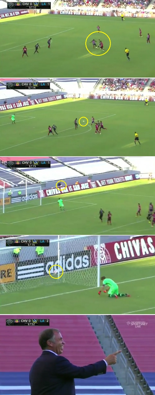 로비 킨이 1일 캘리포니아주 스터브허브 센터에서 열린 2014 미국 메이저리그사커(MLS) 치바스 USA와 원정 경기에서 로빙 슈팅으로 골을 터뜨리고 있다. / 유튜브 영상 캡처