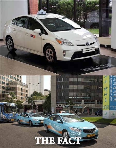도요타와 르노삼성자동차가 각각 하이브리드모델 프리우스 택시와 전기차 SM3 ZE 택시를 출시, 택시업계에 출사표를 던졌다. 도요타 프리우스 택시(위쪽), SM3 ZE / 도요타, 르노삼성자동차 제공
