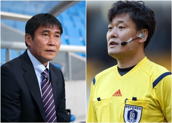 김봉길(왼쪽) 인천 유나이티드 감독이 8월의 심판으로 선정됐다. 노태식 부심은 8월의 심판으로 뽑혔다. / 한국프로축구연맹 제공