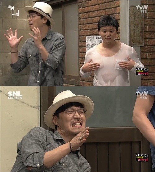 봉만대 감독이 SNL 코리아에 출연해 김민교에게 기습키스를 했다. tvN 방송화면 캡처