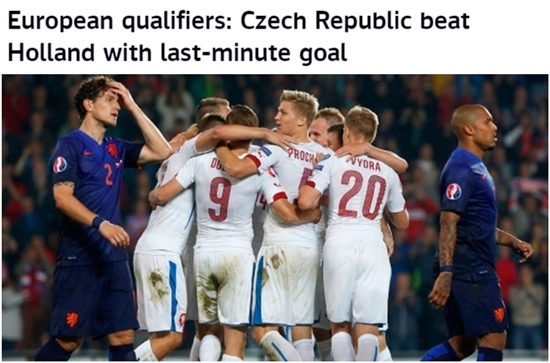 네덜란드가 10일 유로 2016 조별예선 A조 체코와 원정 경기에서 1-2로 패했다. / 스카이스포츠 홈페이지 캡처