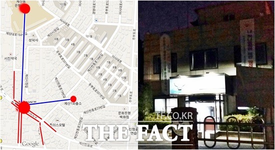 방석집 등 유흥업소가 밀집된 지역은 초등학교와 파출소 지구대와 불과 2분 정도 밖에 되지 않은 거리에 있다. 특히 초등학교와 거리가 가까워 학생들은 등하교때 이곳을 지나칠 수밖에 없다. (빨간선=유흥업소 밀집지역, 파란선=거리 표시)