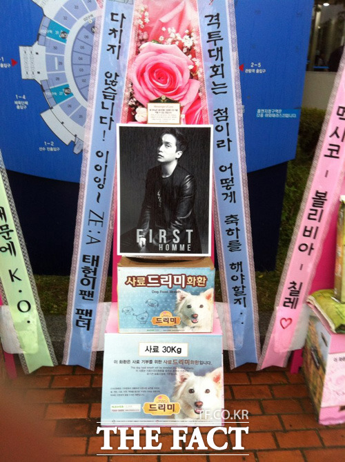 12일 올림픽공원의 SK핸드볼경기장에서 열린 레볼루션-혁명의 시작2에 출전한 아이돌 제국의 아이들의 김태헌의 응원 화환. / 이준석 인턴기자