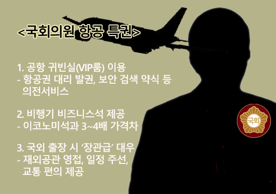 국회의원은 공항 귀빈실을 이용할 수 있고, 기획재정부의 공무원 여비 규정에 따라 장관급 대우를 받는다. 비행기 비즈니스석을 제공받고, 국외 출장 시 재외공관의 영접을 받는다. /그래픽=고수정 기자