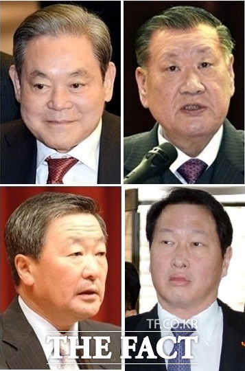 삼성·현대차·SK·LG 4대 그룹이 지난해 창출한 부가가치총액이 총 140조2000억 원으로 국내총생산(GDP)의 10% 수준에 달하는 것으로 조사됐다. 이건희 삼성전자 회장, 정몽구 현대차그룹 회장, 구본무 LG그룹 회장, 최태원 SK그룹 회장(왼쪽 위부터 시계방향) /더팩트DB