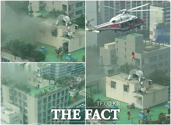 19일 오전 10시 50분께 부천시 원미구 중동의 한 오피스텔 건물에서 화재가 발생했다는 신고가 접수돼 소방대원이 출동했다./서재근 기자