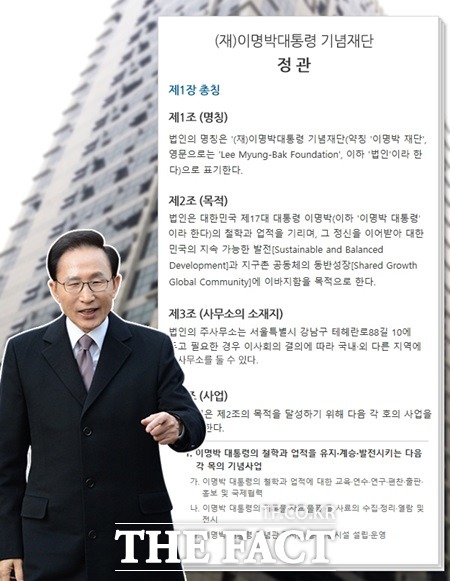 19일 더팩트가 단독 입수한 재단 정관에 따르면 등기를 마친 이명박 재단은 공식 출범을 위한 밑그림을 그리고 있다. 정관은 총 9장 43조로, 총칙과 재산 및 회계·임원 등으로 구성돼 있다. 정관 상 법인의 목적은 이명박 대통령의 철학과 업적을 기리는 것(제2조)이며, 법인의 주 사무소(제3조)는 강남구 대치동에 두고 필요한 경우 이사회 의결에 따라 국내·외 다른 지역에 분사무소를 둘 수 있다. /그래픽=정용무 디자이너, 더팩트DB
