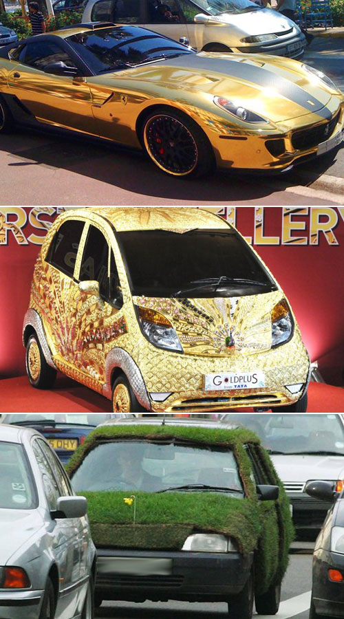 황금 페라리, 보석으로 덮인 나노, 잔디를 씌운 시트로엥(위에서부터)이 누리꾼들의 관심을 모으고 있다./ 온라인 커뮤니티 캡처
