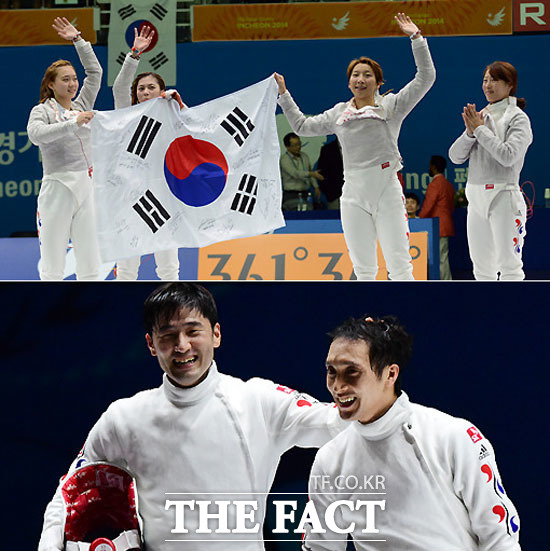 한국 펜싱이 23일 여자 사브르 단체전(위)과 남자 에페 단체전에서 동반 금메달을 따냈다. /고양체육관=이효균 기자, 배정한 기자