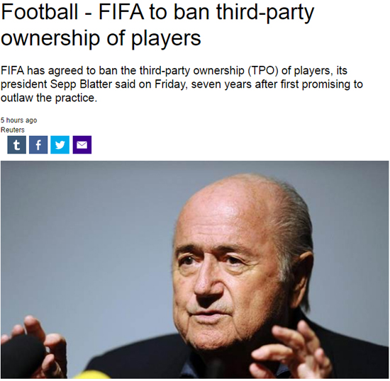 FIFA가 그동안 세계 축구계에 만연하던 선수 나눠 갖기, 일명 서드 파티 오너십에 대해 칼을 빼 들었다. / 유로스포트 캡처